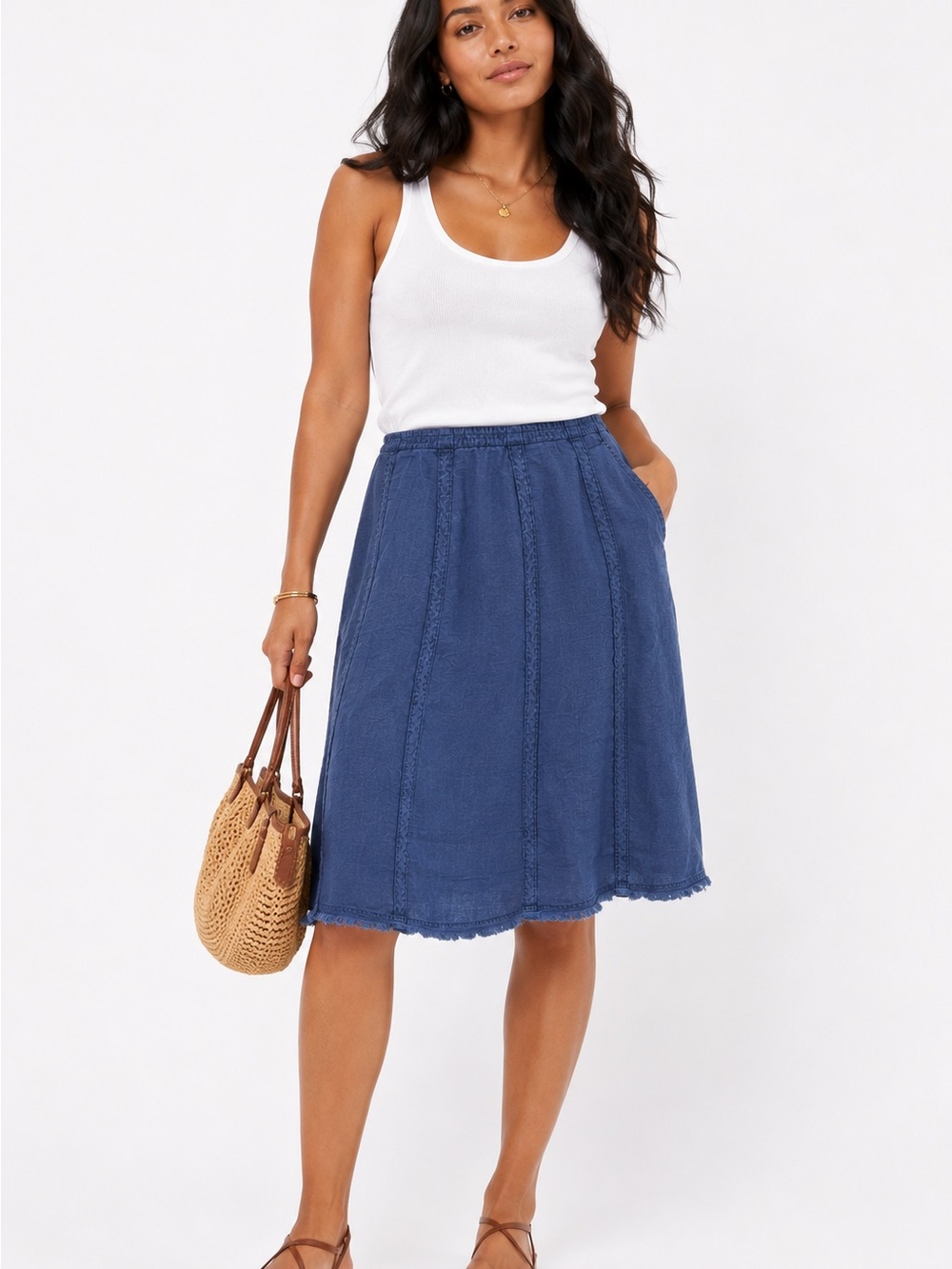 Tommy Bahama Blue Linen A-Line Skirt Size 6 Frayed Hem Coastal Summer